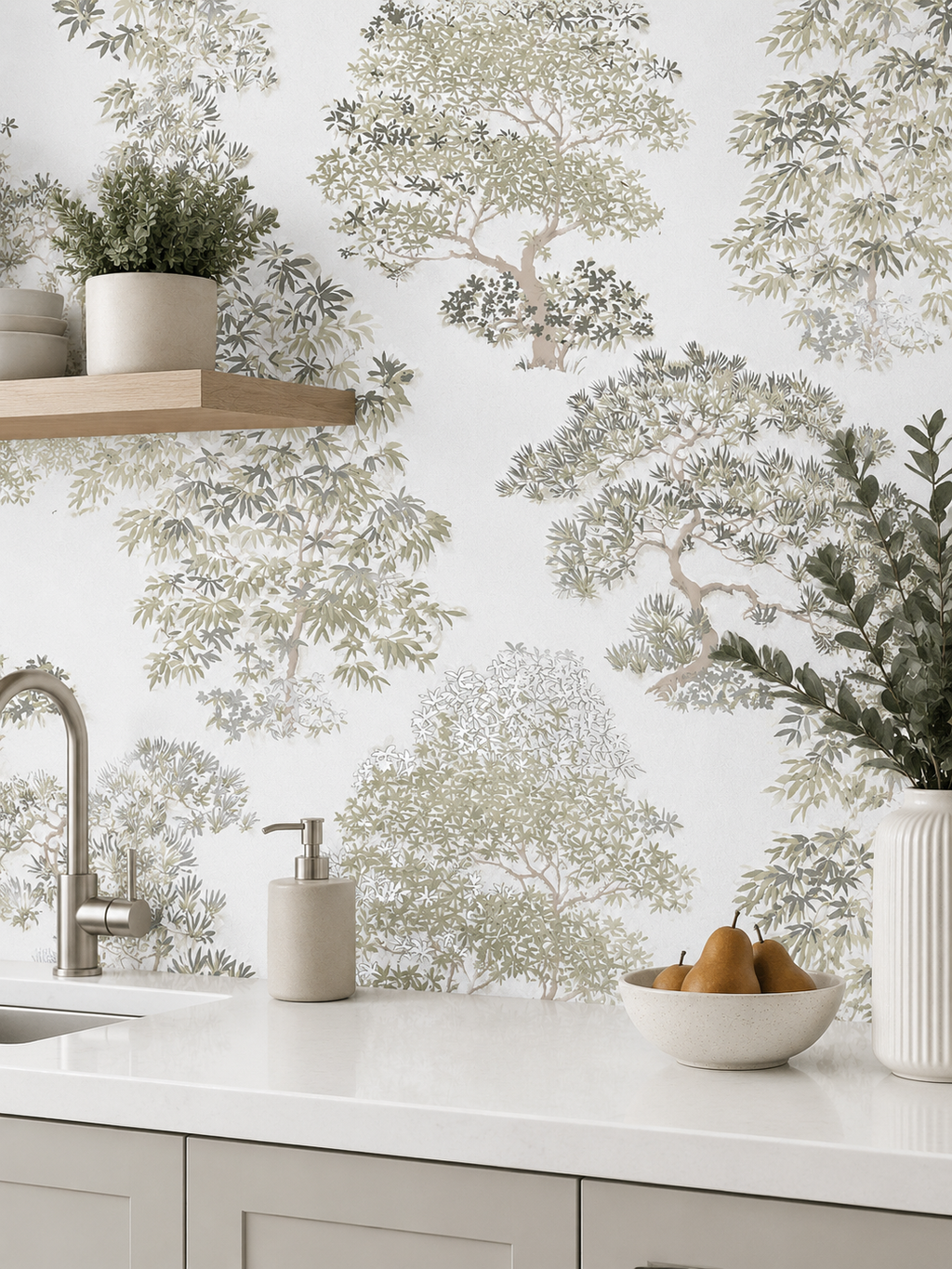 Papier peint arbre taupe/vert 0,53x10m