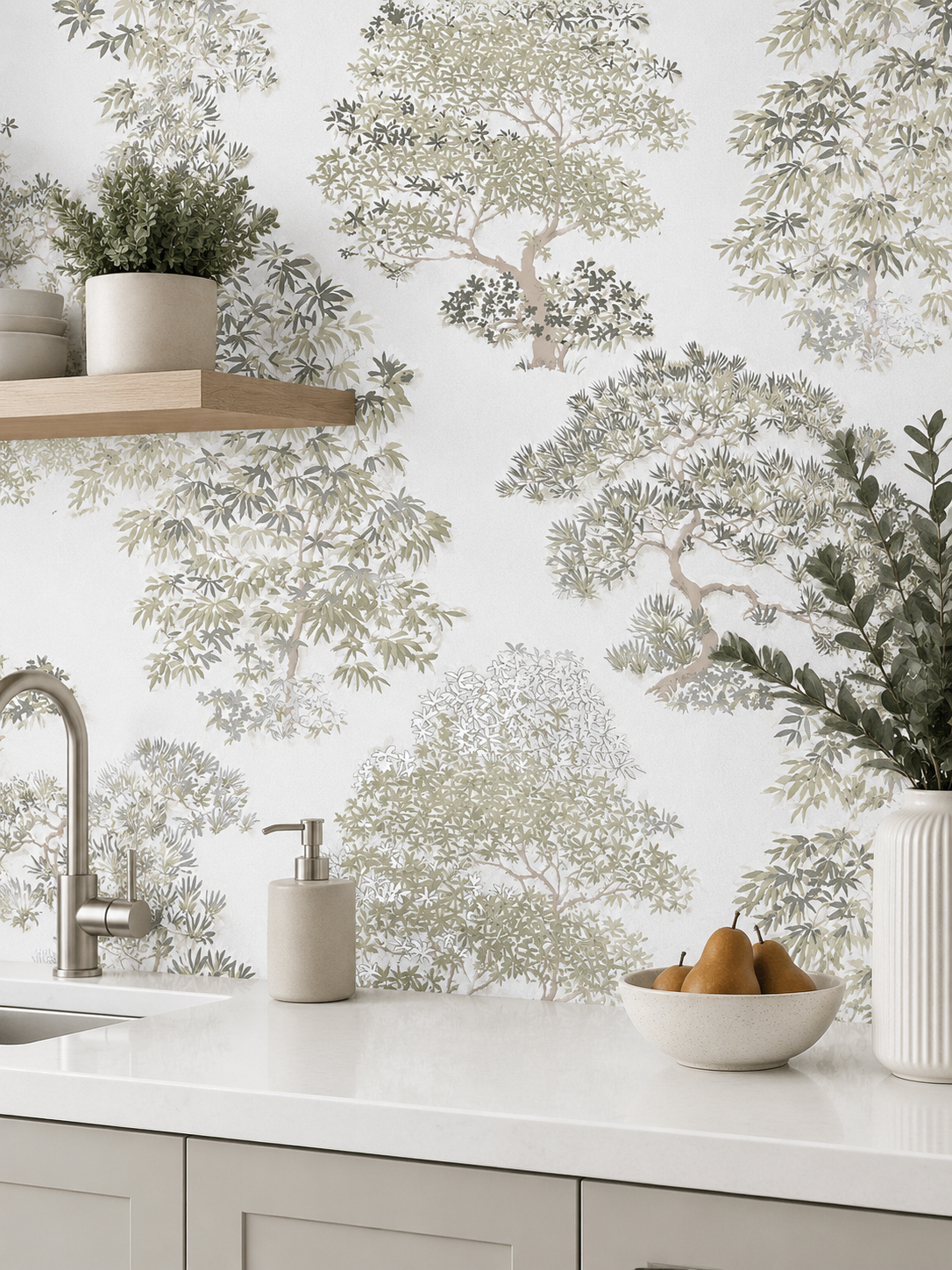 Papier peint arbre taupe/vert 0,53x10m