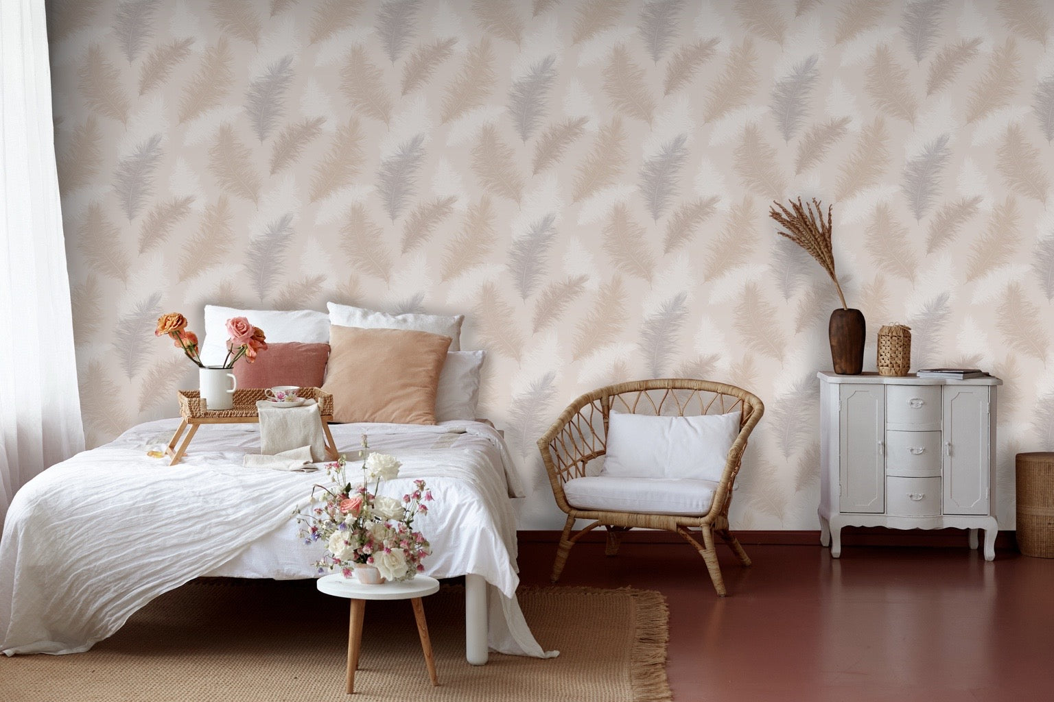 Papier peint plume rose 0,53x10m