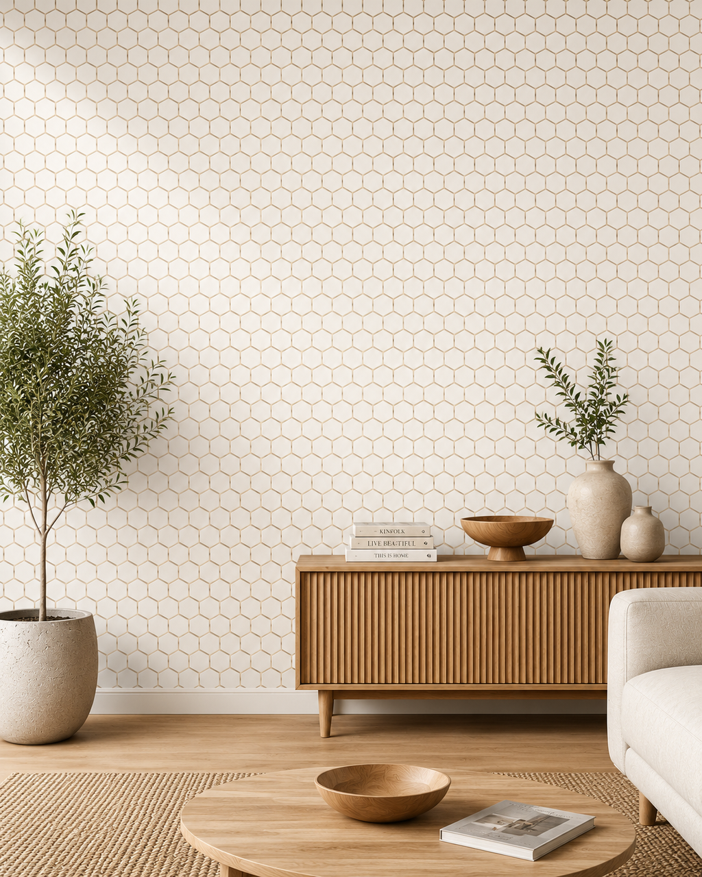 Papier peint hexagone beige/cuivre 0,53x10m