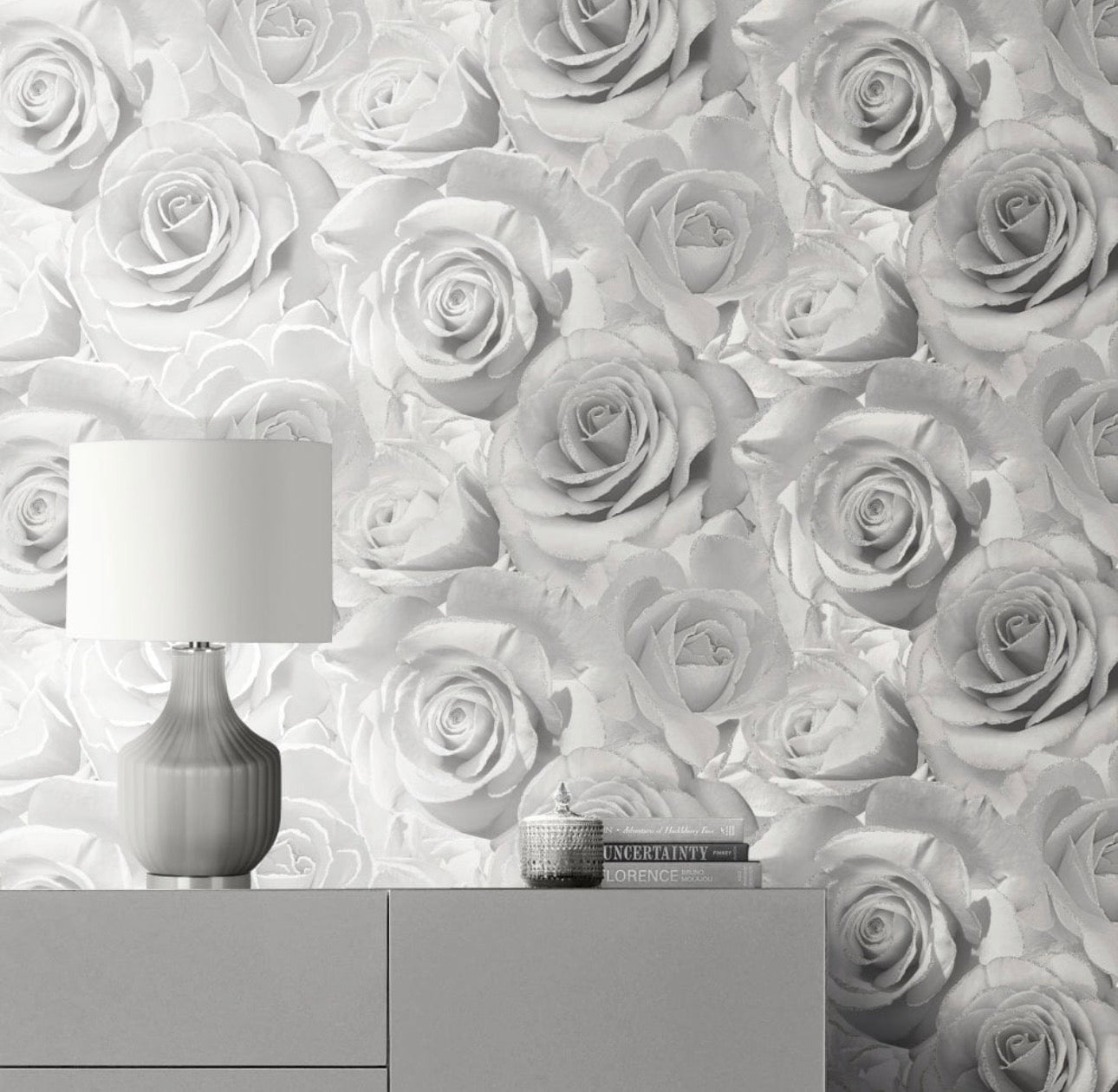 Papier peint fleurs type rose Blanc/Gris argenté