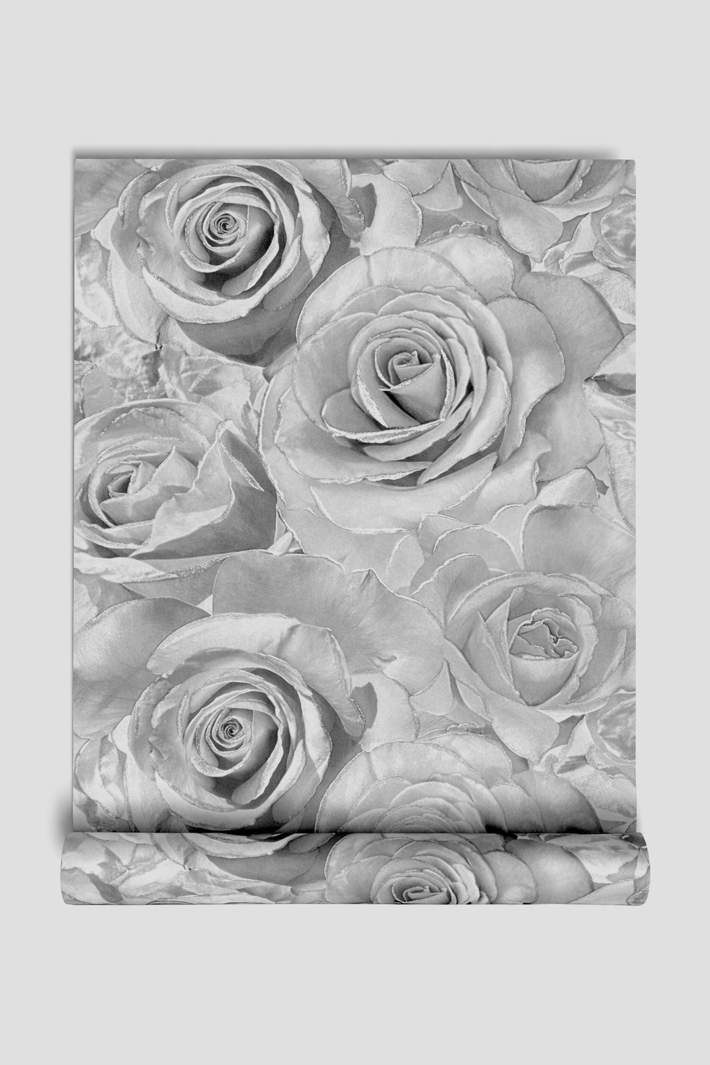 Papier peint fleurs type rose Blanc/Gris argenté